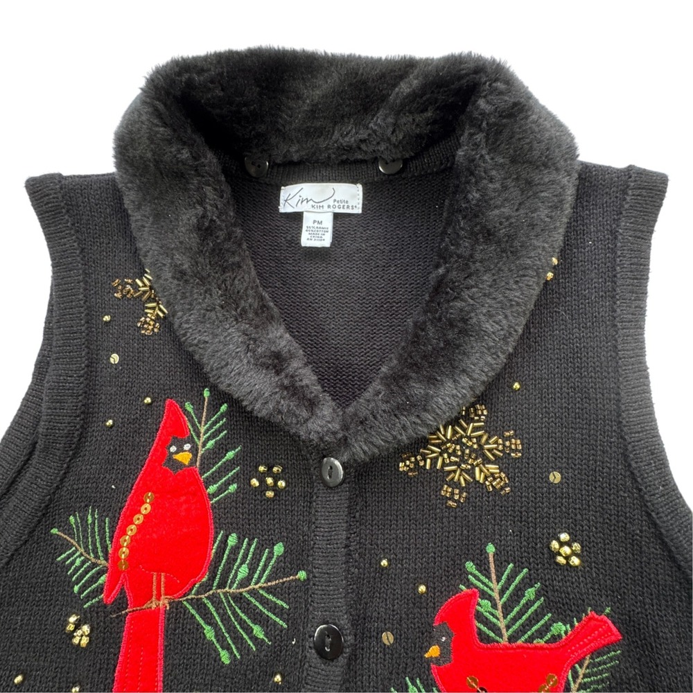 Kim Rogers Black Cardinal Sweater Vest Womens Petite M Beaded Faux Fur Christmas - Picture 3 of 13